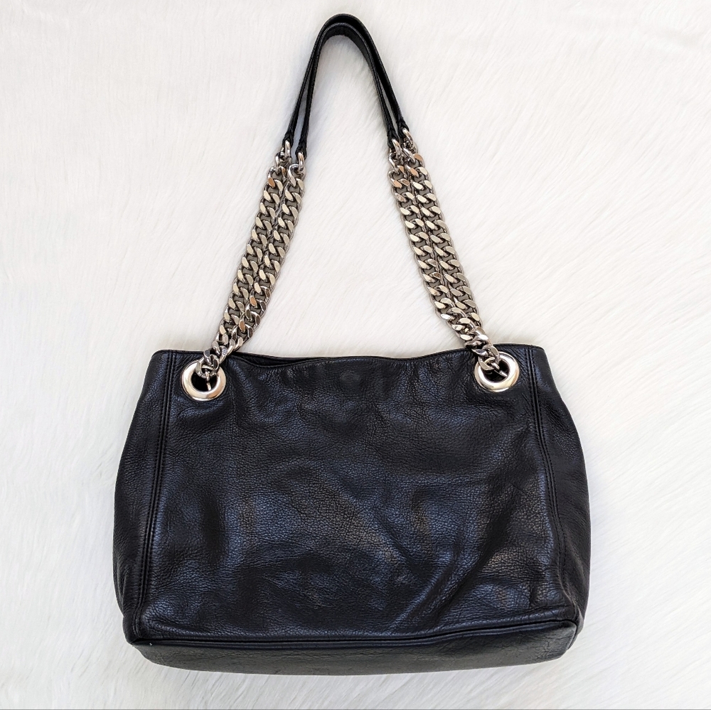 Valentino Luisa Black Leather Tote Bag With Silver Metal Chain Straps - Picture 2 of 16